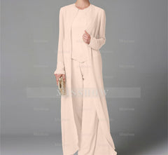 Long-Sleeve Chiffon Mother of the Bride Pantsuit with Jacket and Sequins