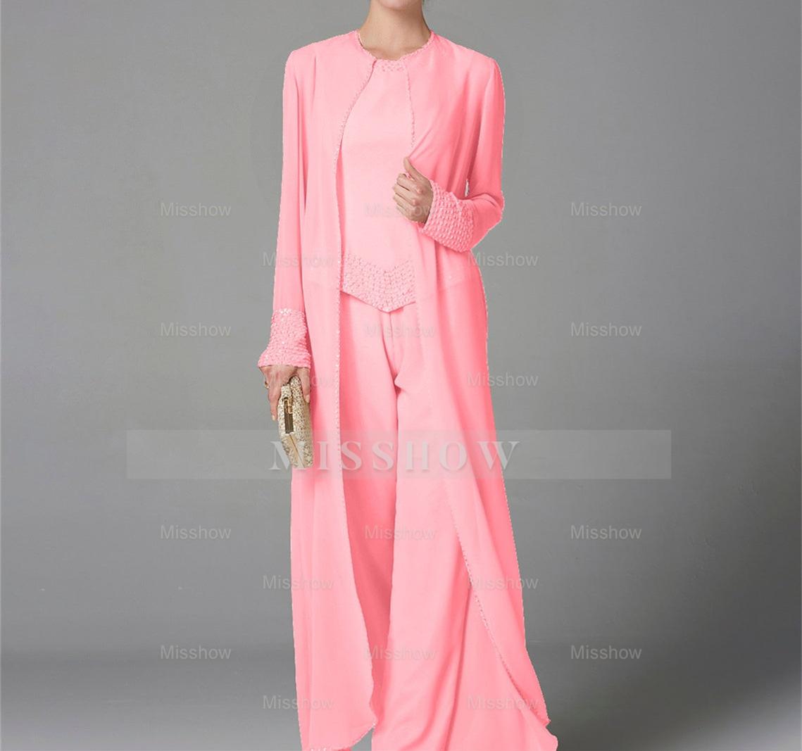 Long-Sleeve Chiffon Mother of the Bride Pantsuit with Jacket and Sequins