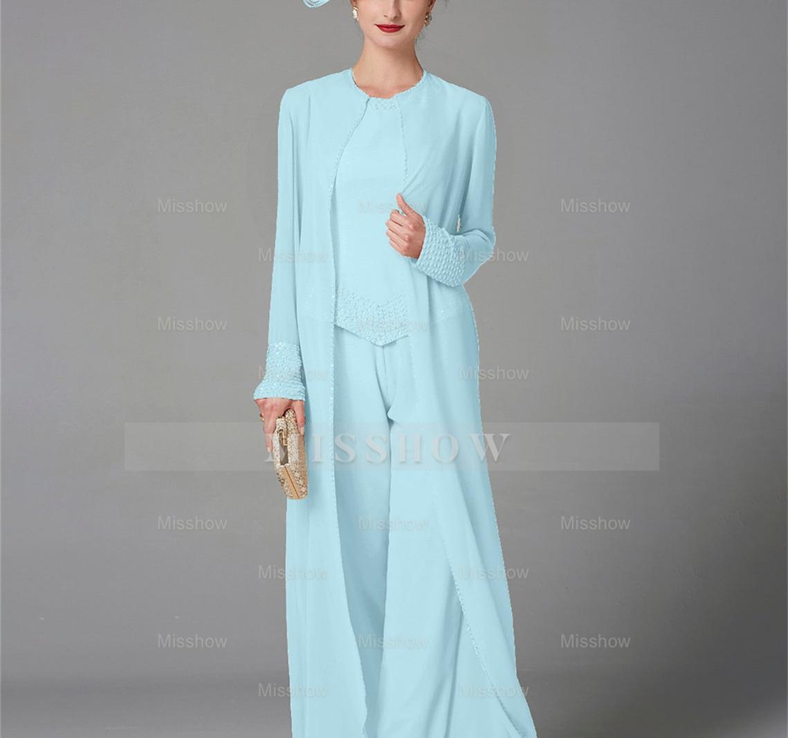 Long-Sleeve Chiffon Mother of the Bride Pantsuit with Jacket and Sequins