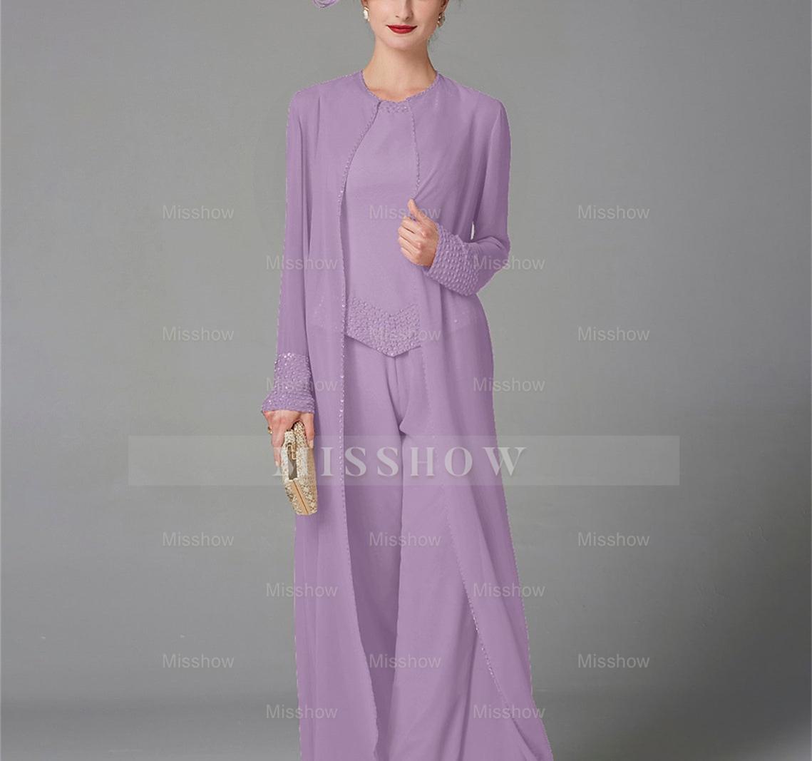Long-Sleeve Chiffon Mother of the Bride Pantsuit with Jacket and Sequins