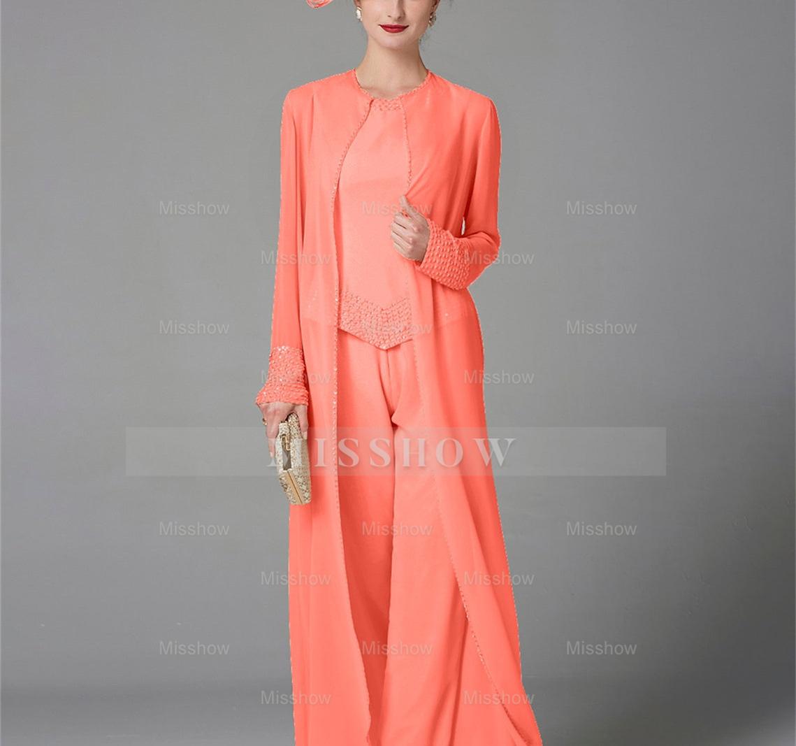Long-Sleeve Chiffon Mother of the Bride Pantsuit with Jacket and Sequins