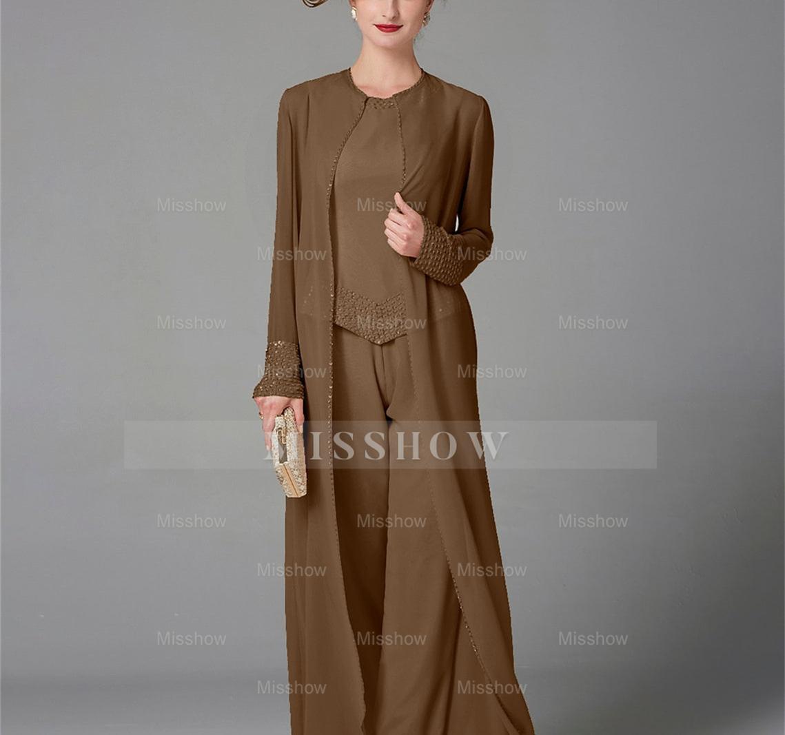 Long-Sleeve Chiffon Mother of the Bride Pantsuit with Jacket and Sequins