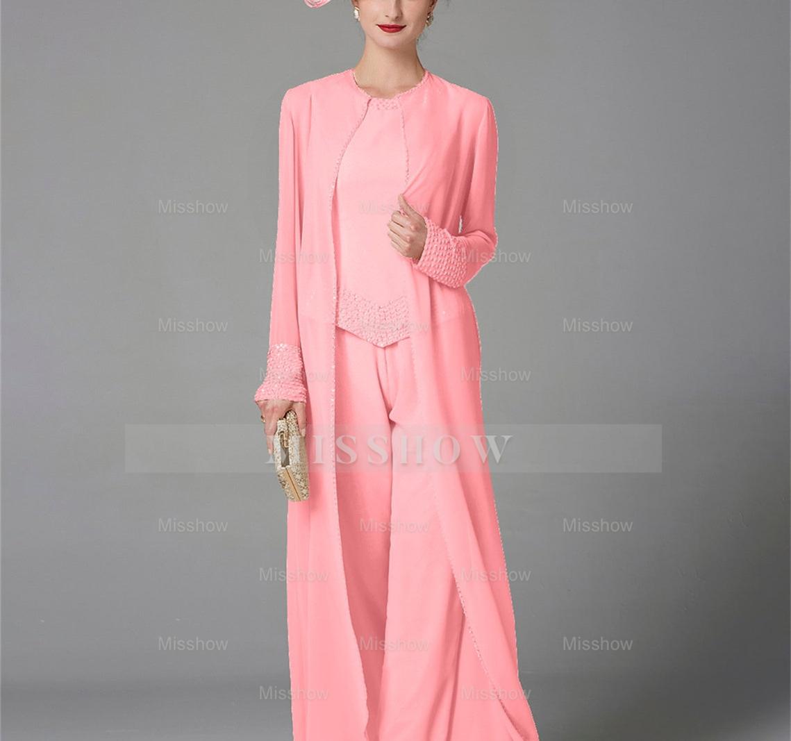 Long-Sleeve Chiffon Mother of the Bride Pantsuit with Jacket and Sequins