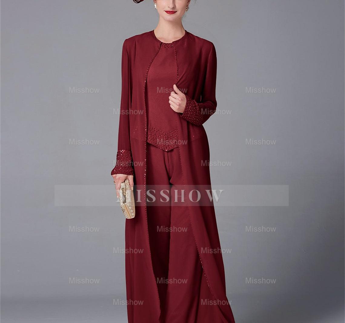 Long-Sleeve Chiffon Mother of the Bride Pantsuit with Jacket and Sequins
