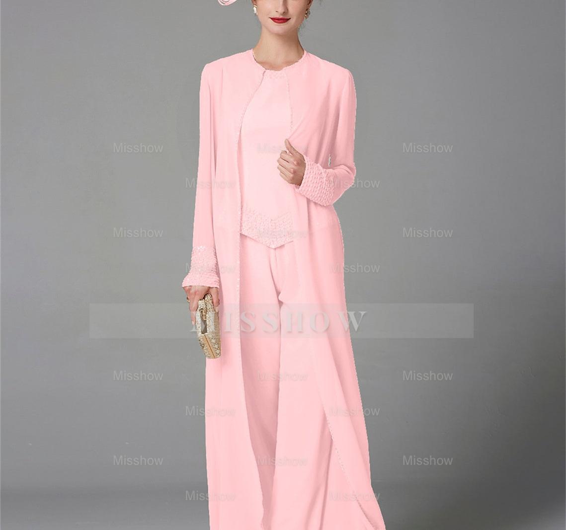 Long-Sleeve Chiffon Mother of the Bride Pantsuit with Jacket and Sequins