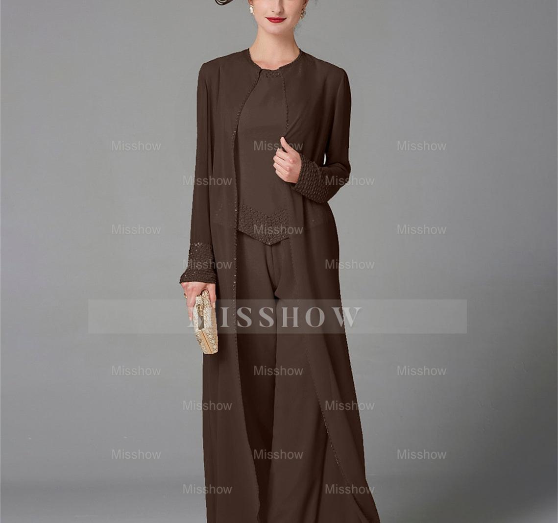 Long-Sleeve Chiffon Mother of the Bride Pantsuit with Jacket and Sequins