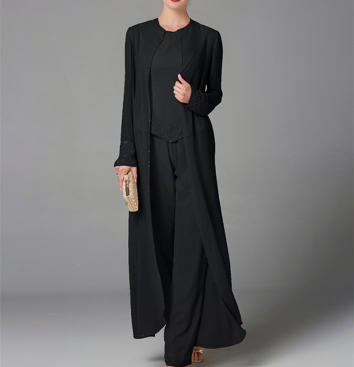 Long-Sleeve Chiffon Mother of the Bride Pantsuit with Jacket and Sequins
