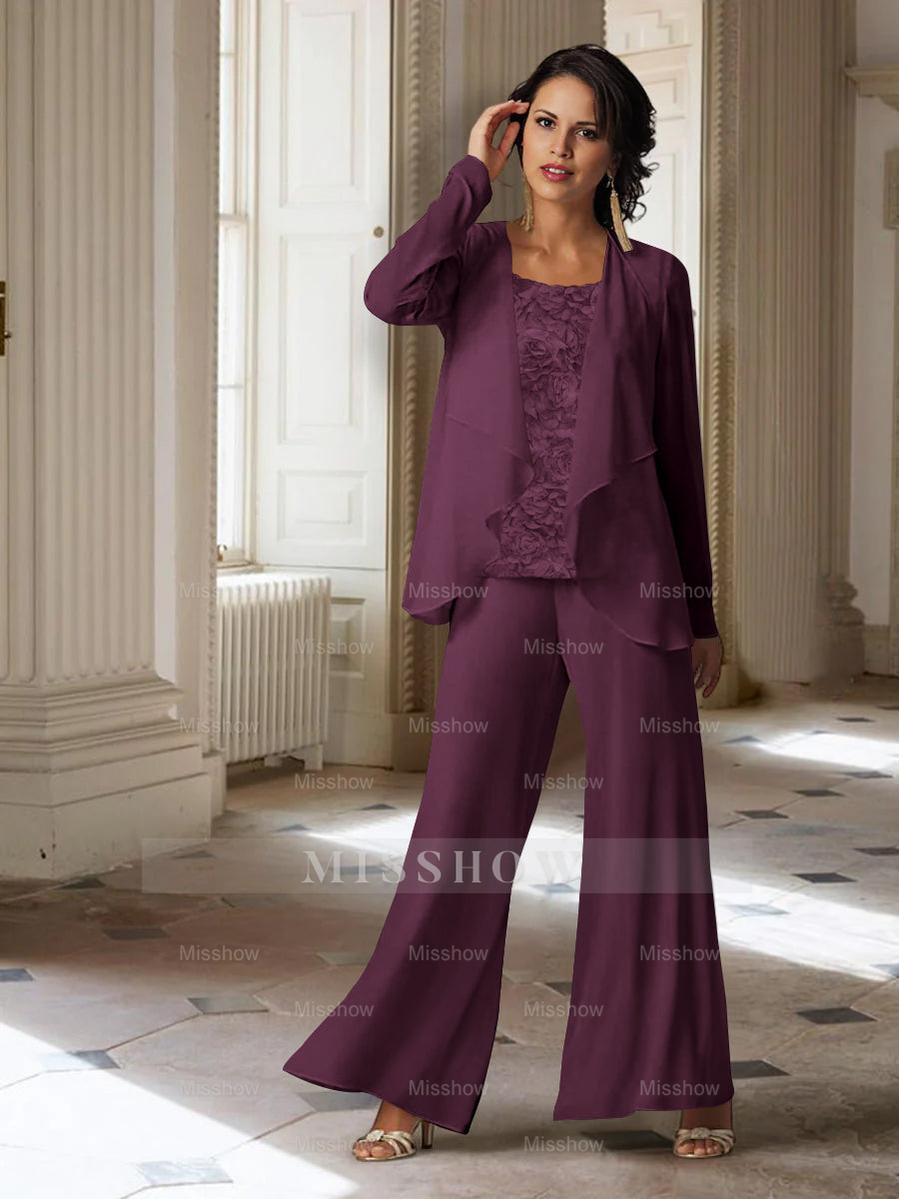 Long-Sleeve Chiffon Pantsuit with Jacket for the Mother of the Bride