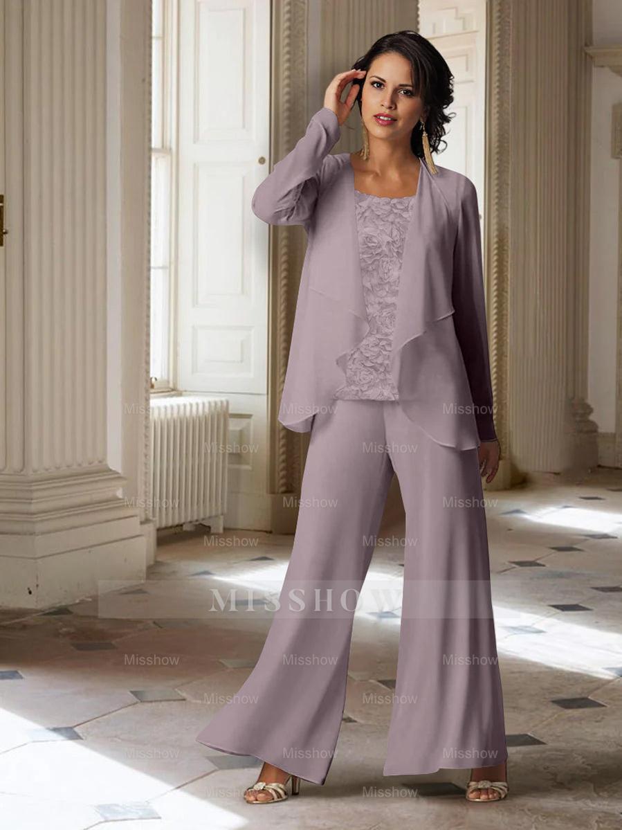 Long-Sleeve Chiffon Pantsuit with Jacket for the Mother of the Bride
