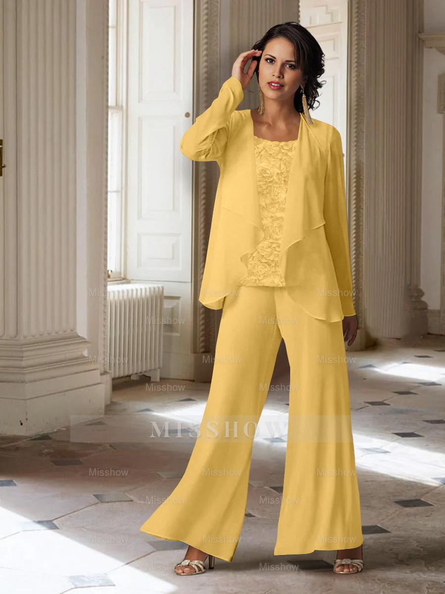 Long-Sleeve Chiffon Pantsuit with Jacket for the Mother of the Bride