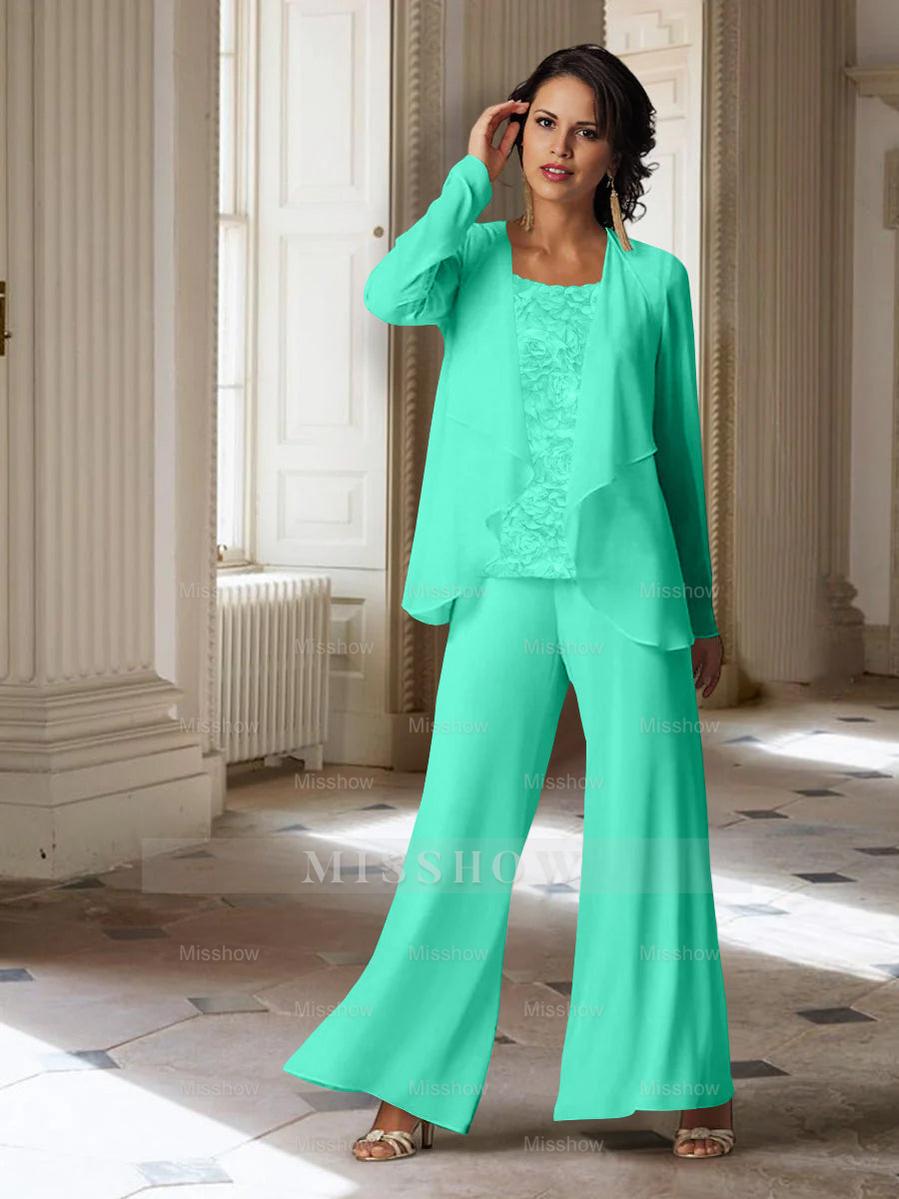 Long-Sleeve Chiffon Pantsuit with Jacket for the Mother of the Bride