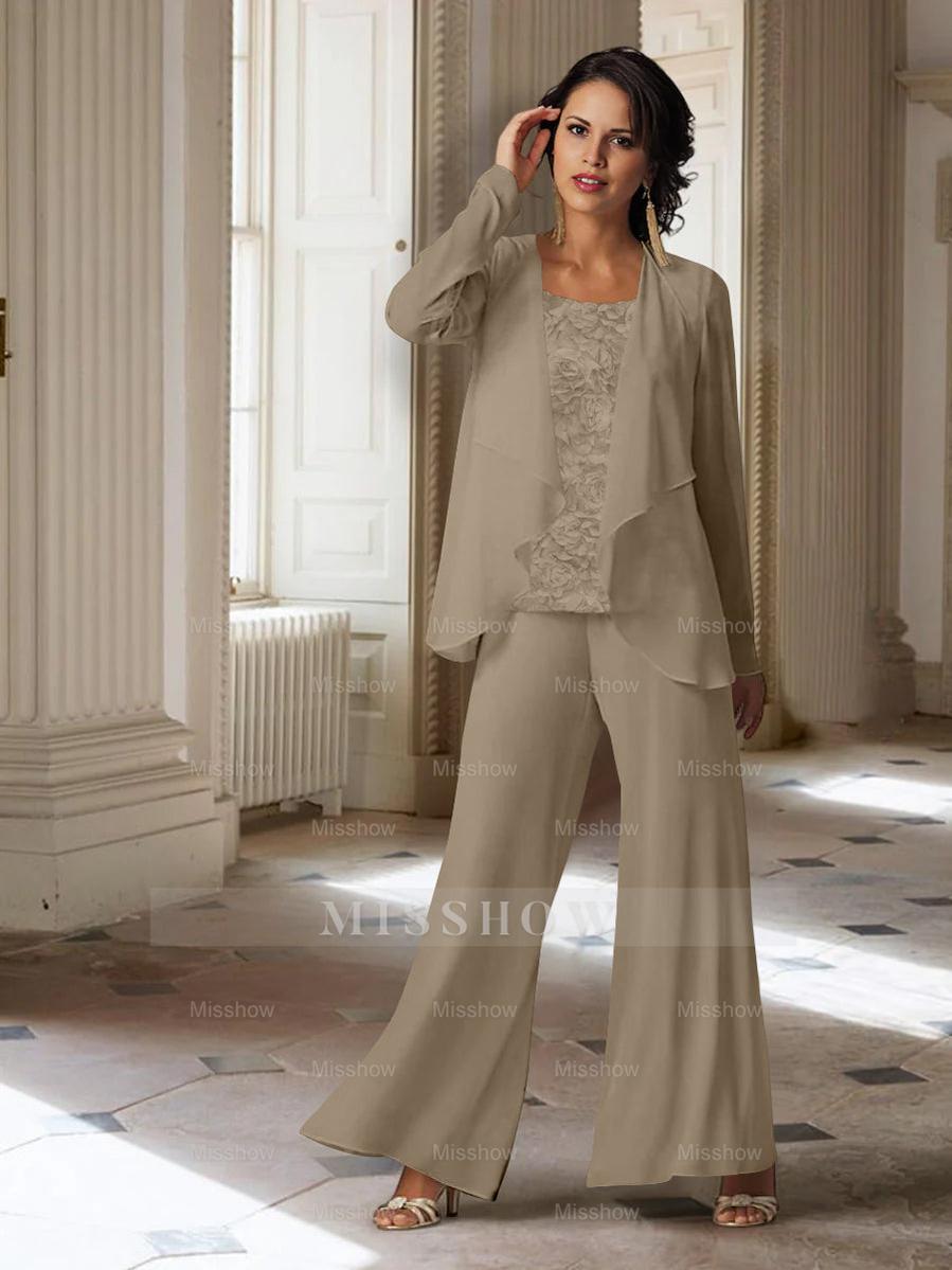 Long-Sleeve Chiffon Pantsuit with Jacket for the Mother of the Bride