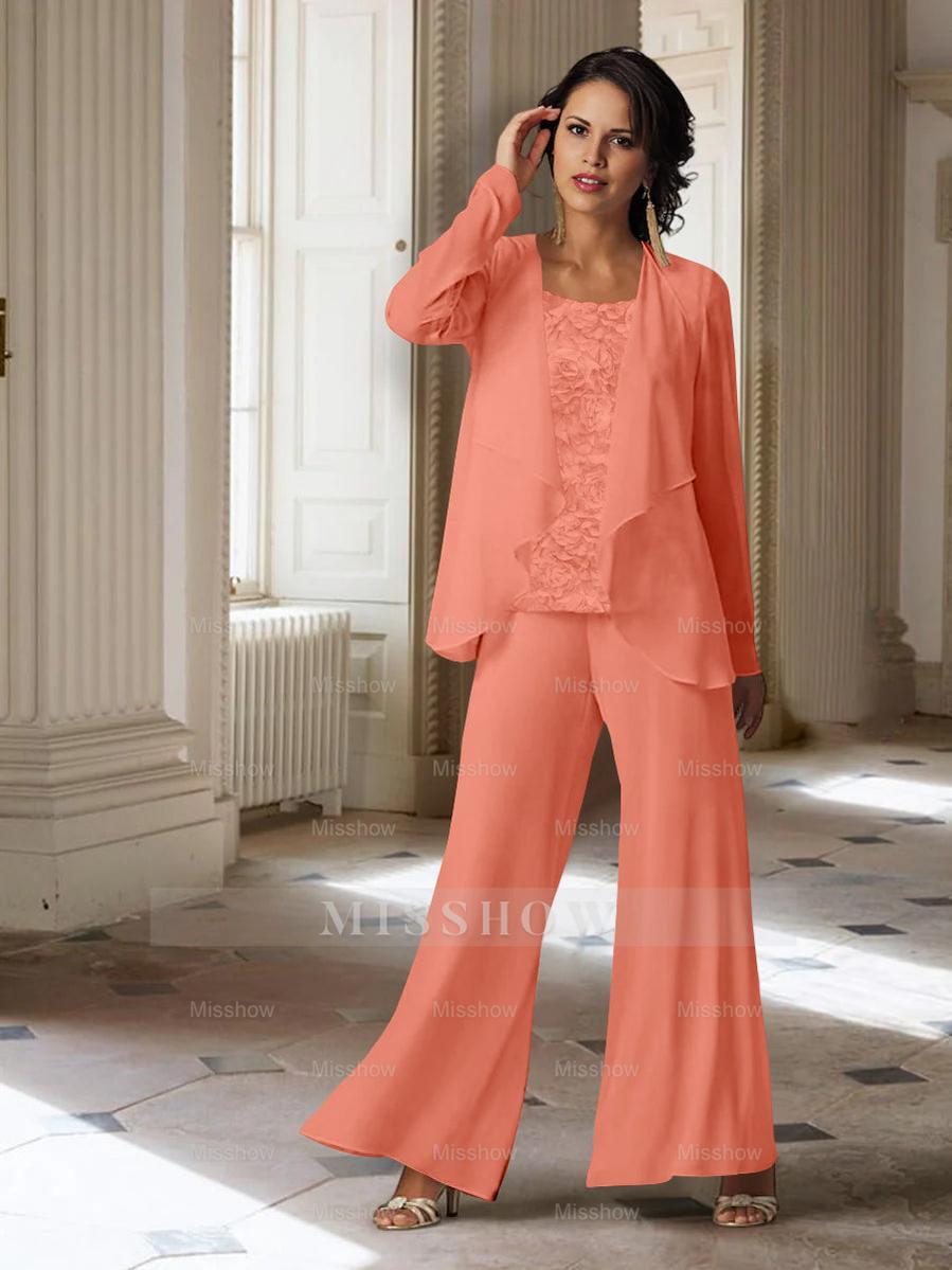 Long-Sleeve Chiffon Pantsuit with Jacket for the Mother of the Bride