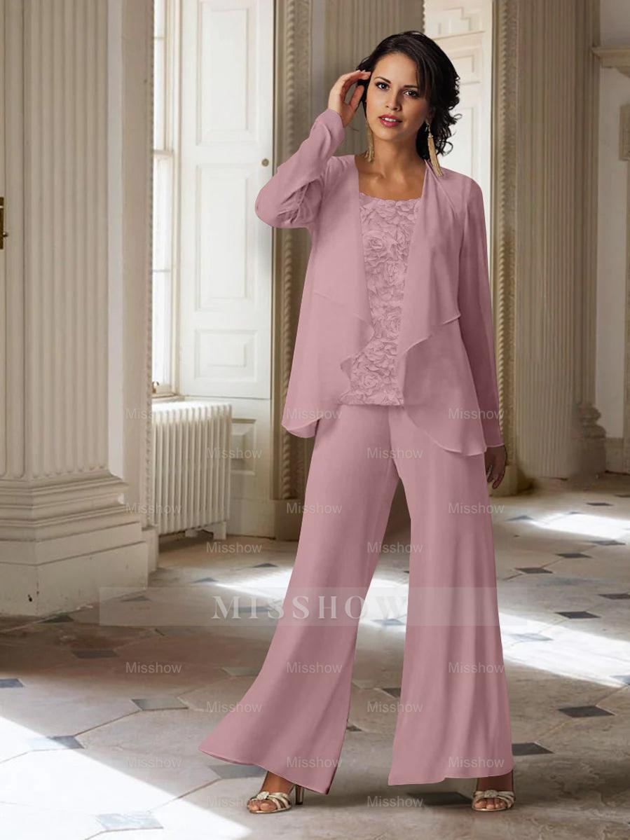 Long-Sleeve Chiffon Pantsuit with Jacket for the Mother of the Bride