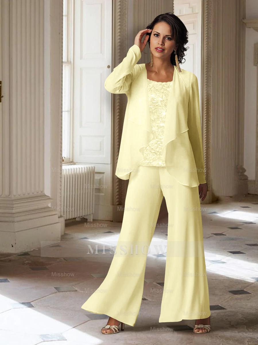 Long-Sleeve Chiffon Pantsuit with Jacket for the Mother of the Bride