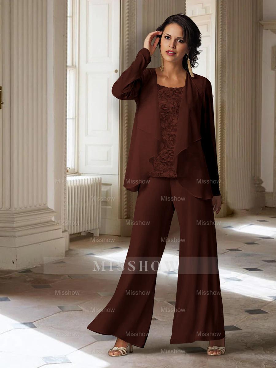 Long-Sleeve Chiffon Pantsuit with Jacket for the Mother of the Bride