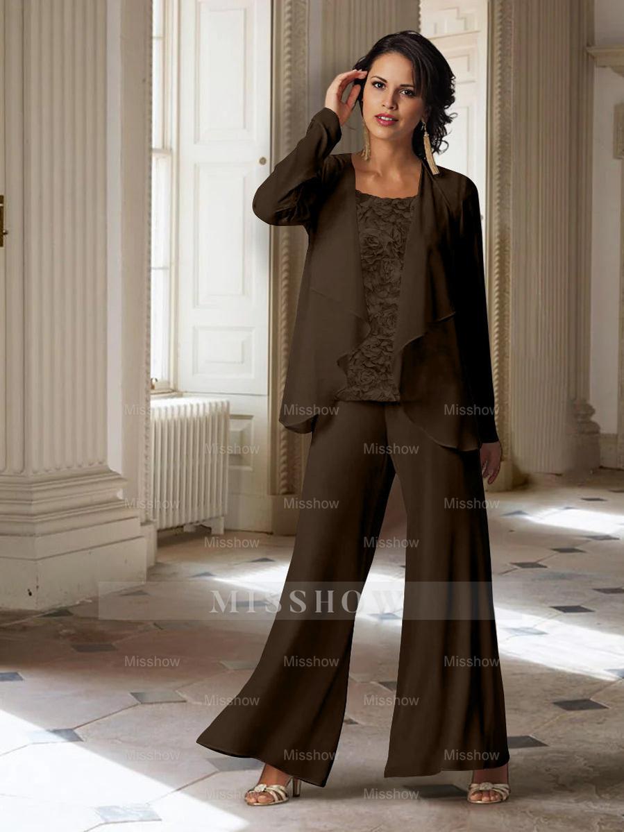 Long-Sleeve Chiffon Pantsuit with Jacket for the Mother of the Bride