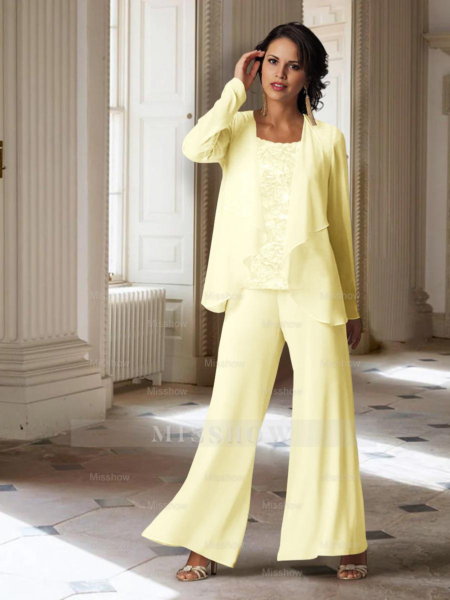 Long-Sleeve Chiffon Pantsuit with Jacket for the Mother of the Bride