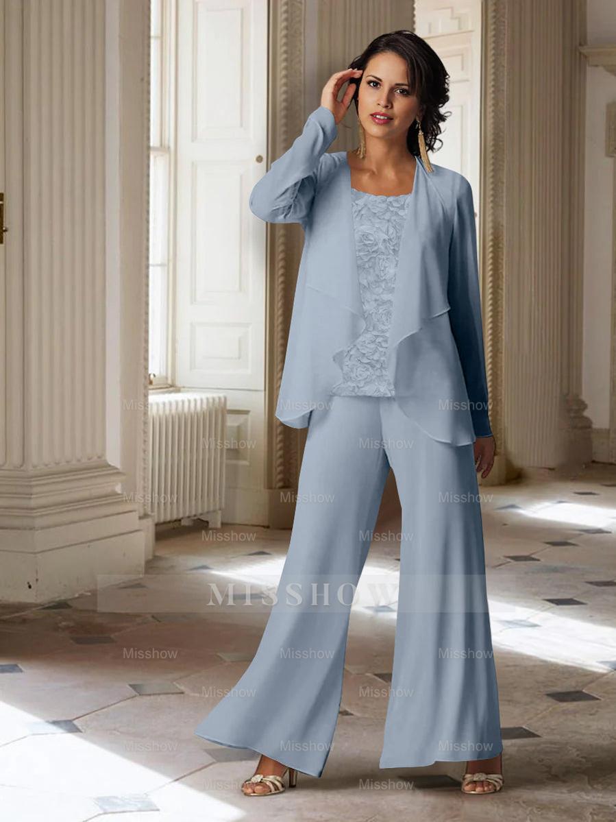 Long-Sleeve Chiffon Pantsuit with Jacket for the Mother of the Bride