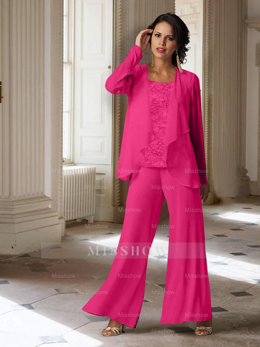 Long-Sleeve Chiffon Pantsuit with Jacket for the Mother of the Bride