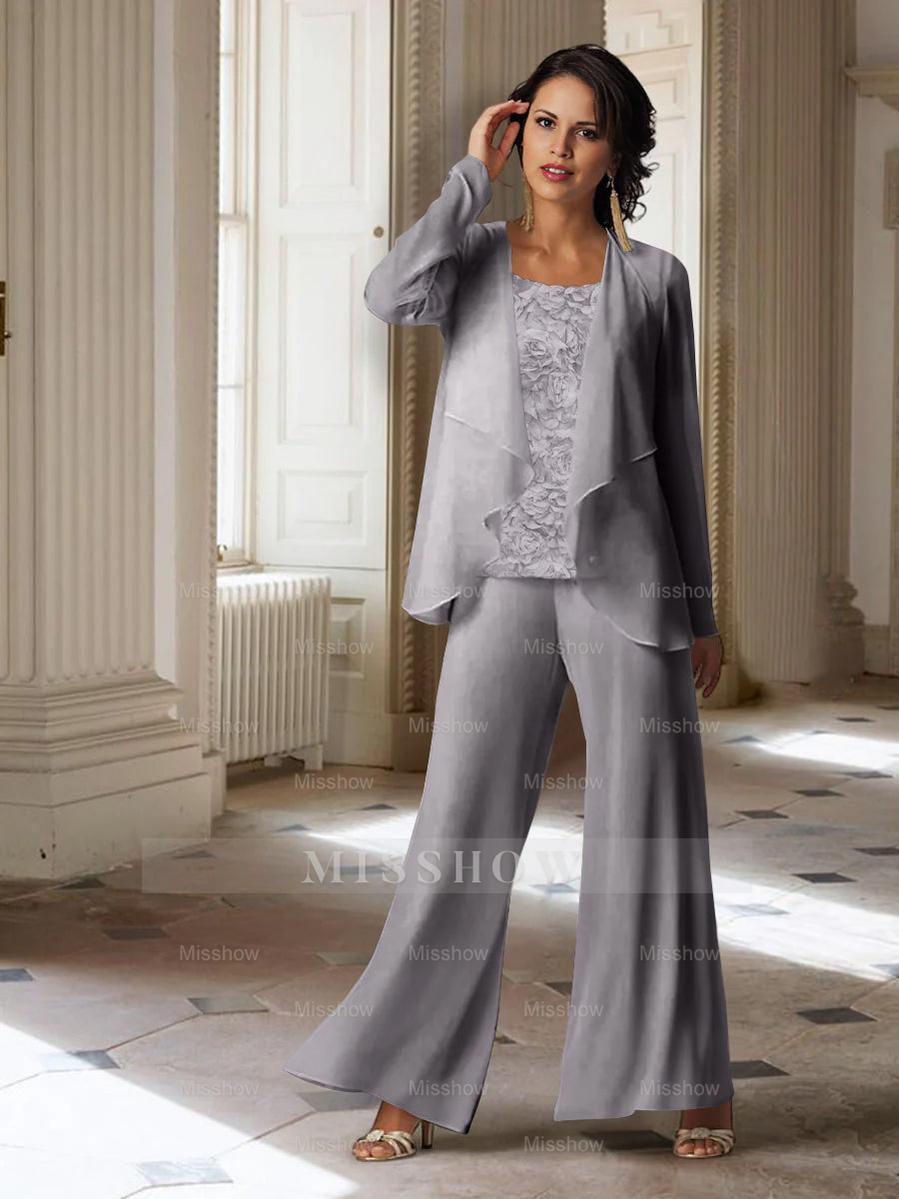 Long-Sleeve Chiffon Pantsuit with Jacket for the Mother of the Bride