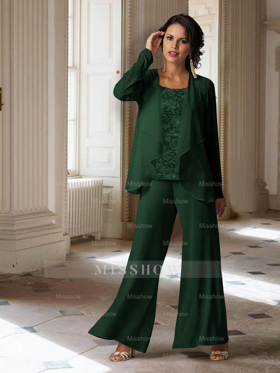 Long-Sleeve Chiffon Pantsuit with Jacket for the Mother of the Bride