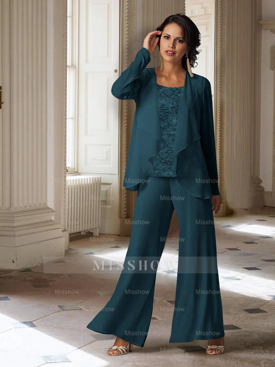 Long-Sleeve Chiffon Pantsuit with Jacket for the Mother of the Bride