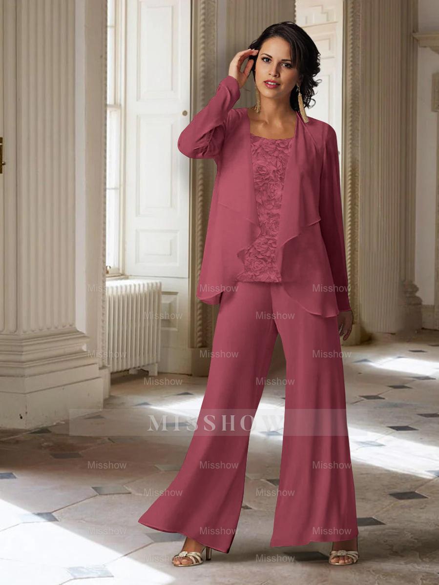 Long-Sleeve Chiffon Pantsuit with Jacket for the Mother of the Bride