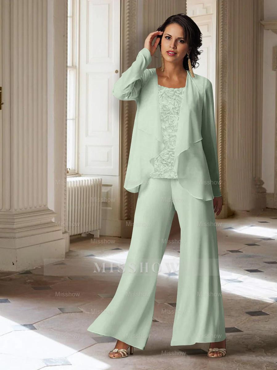 Long-Sleeve Chiffon Pantsuit with Jacket for the Mother of the Bride