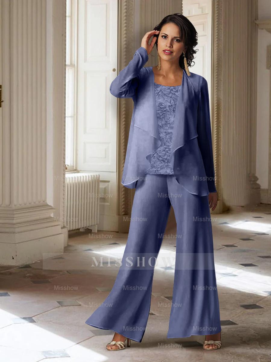 Long-Sleeve Chiffon Pantsuit with Jacket for the Mother of the Bride