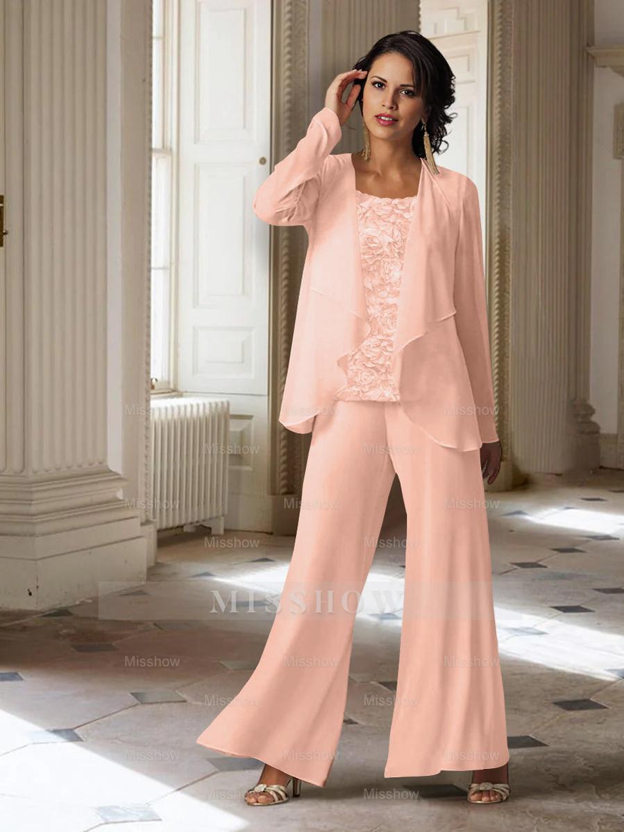 Long-Sleeve Chiffon Pantsuit with Jacket for the Mother of the Bride