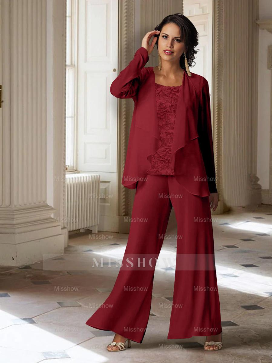 Long-Sleeve Chiffon Pantsuit with Jacket for the Mother of the Bride