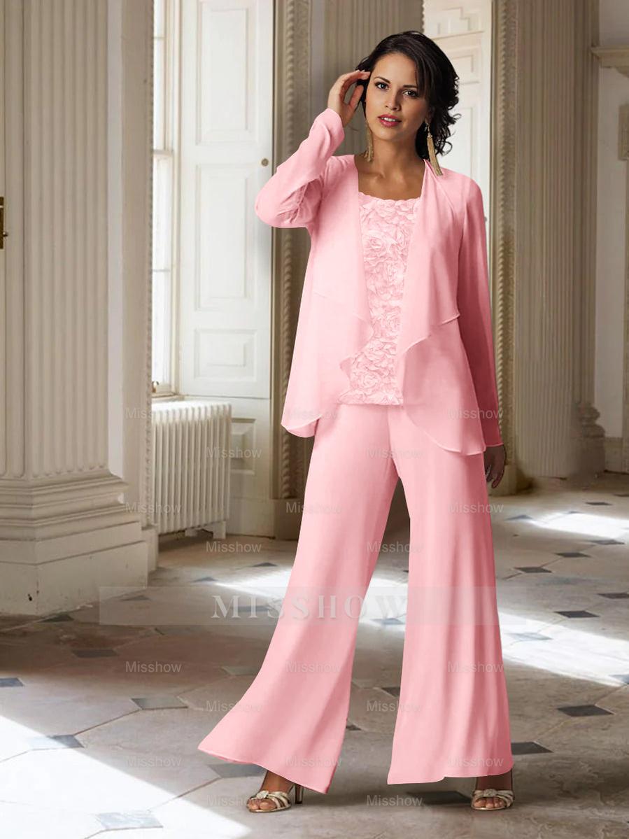 Long-Sleeve Chiffon Pantsuit with Jacket for the Mother of the Bride