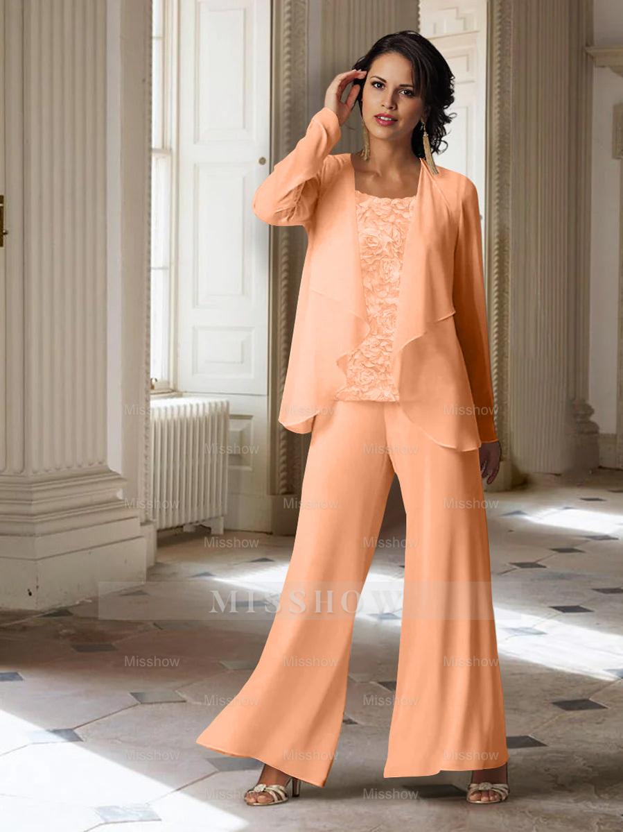 Long-Sleeve Chiffon Pantsuit with Jacket for the Mother of the Bride