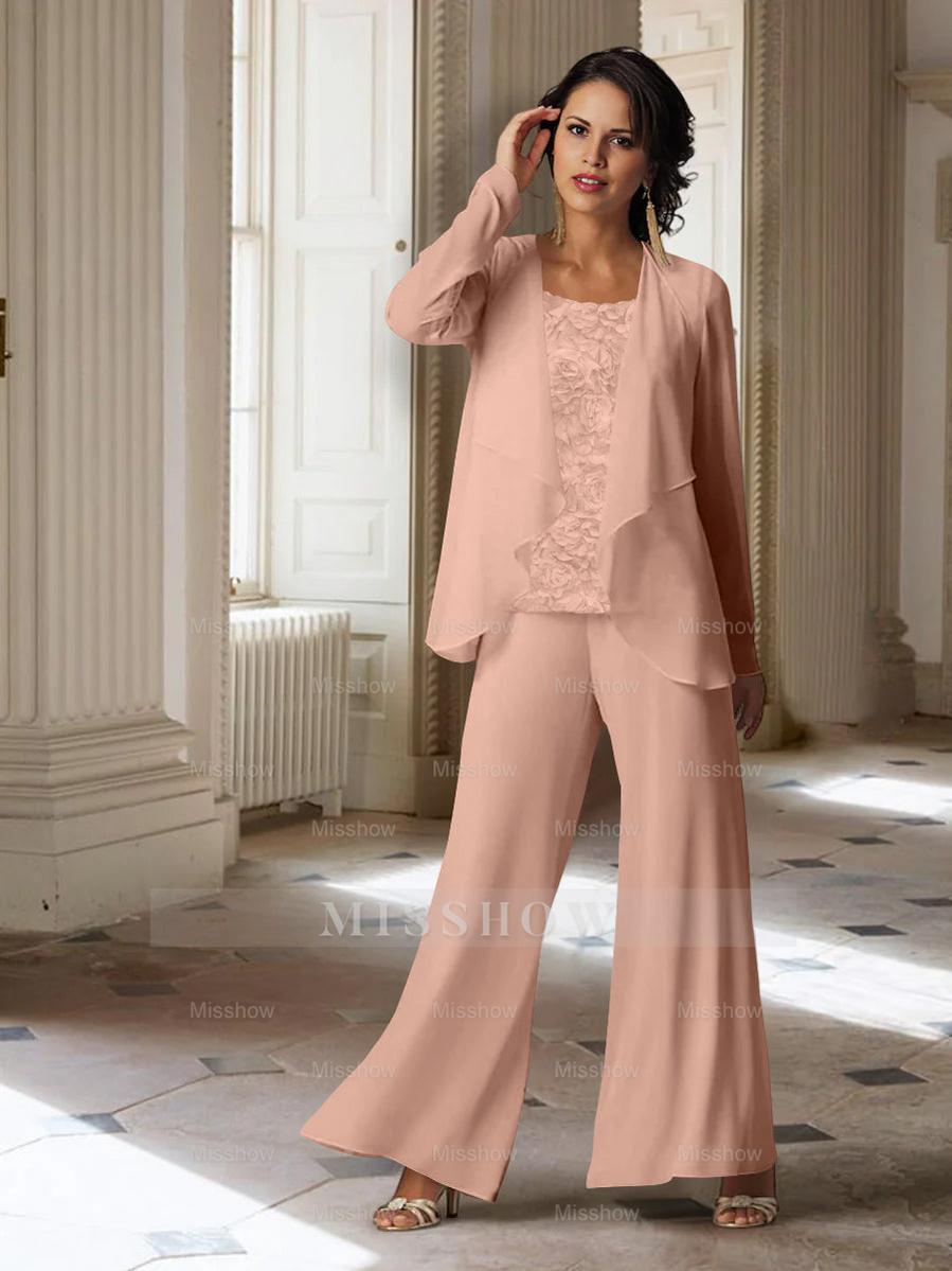 Long-Sleeve Chiffon Pantsuit with Jacket for the Mother of the Bride