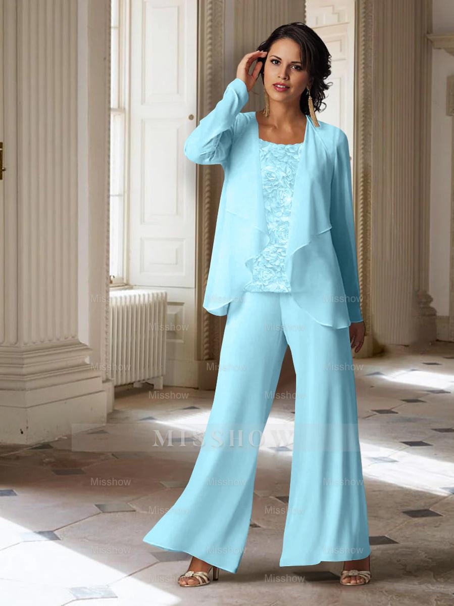 Long-Sleeve Chiffon Pantsuit with Jacket for the Mother of the Bride