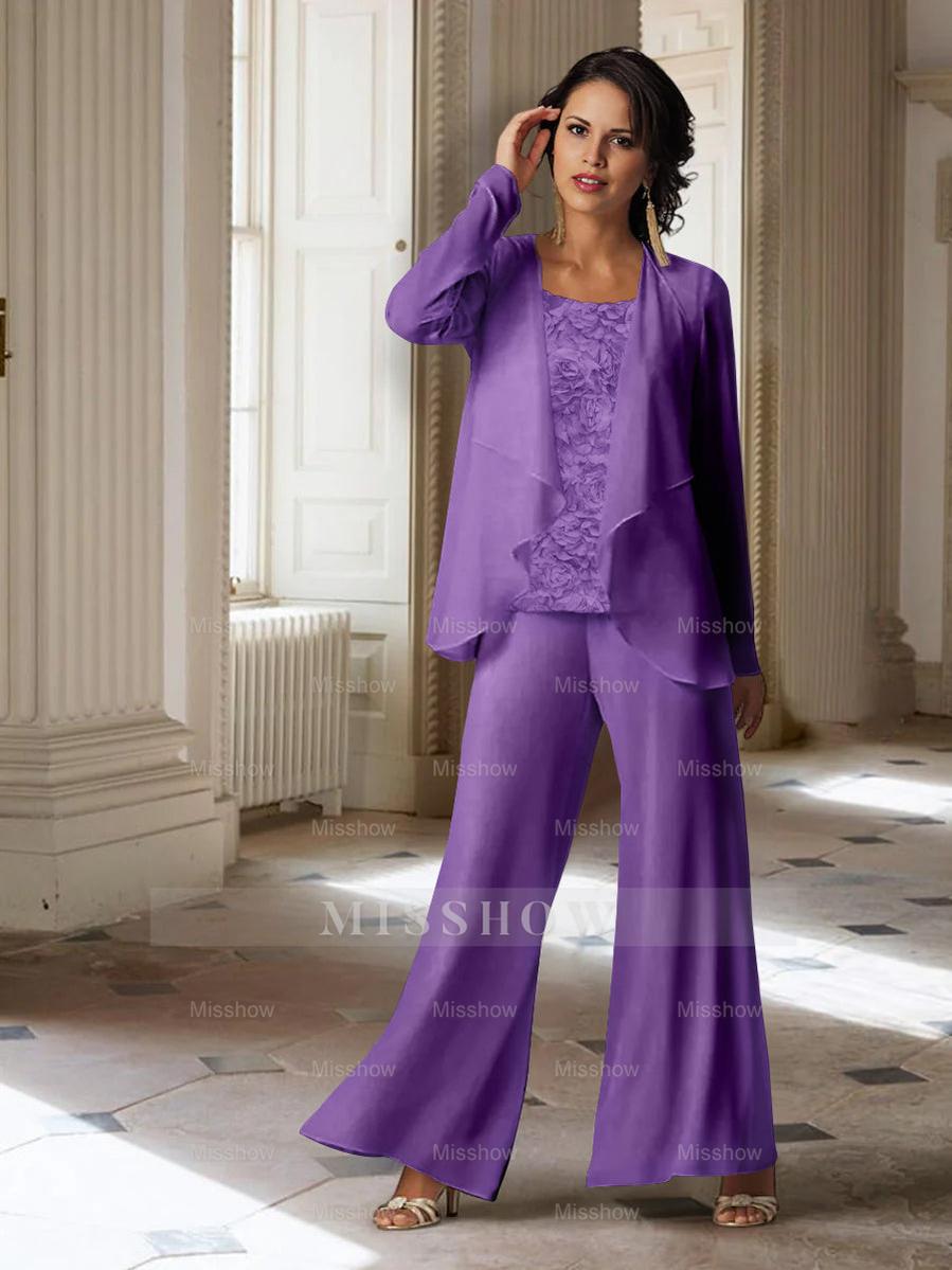 Long-Sleeve Chiffon Pantsuit with Jacket for the Mother of the Bride