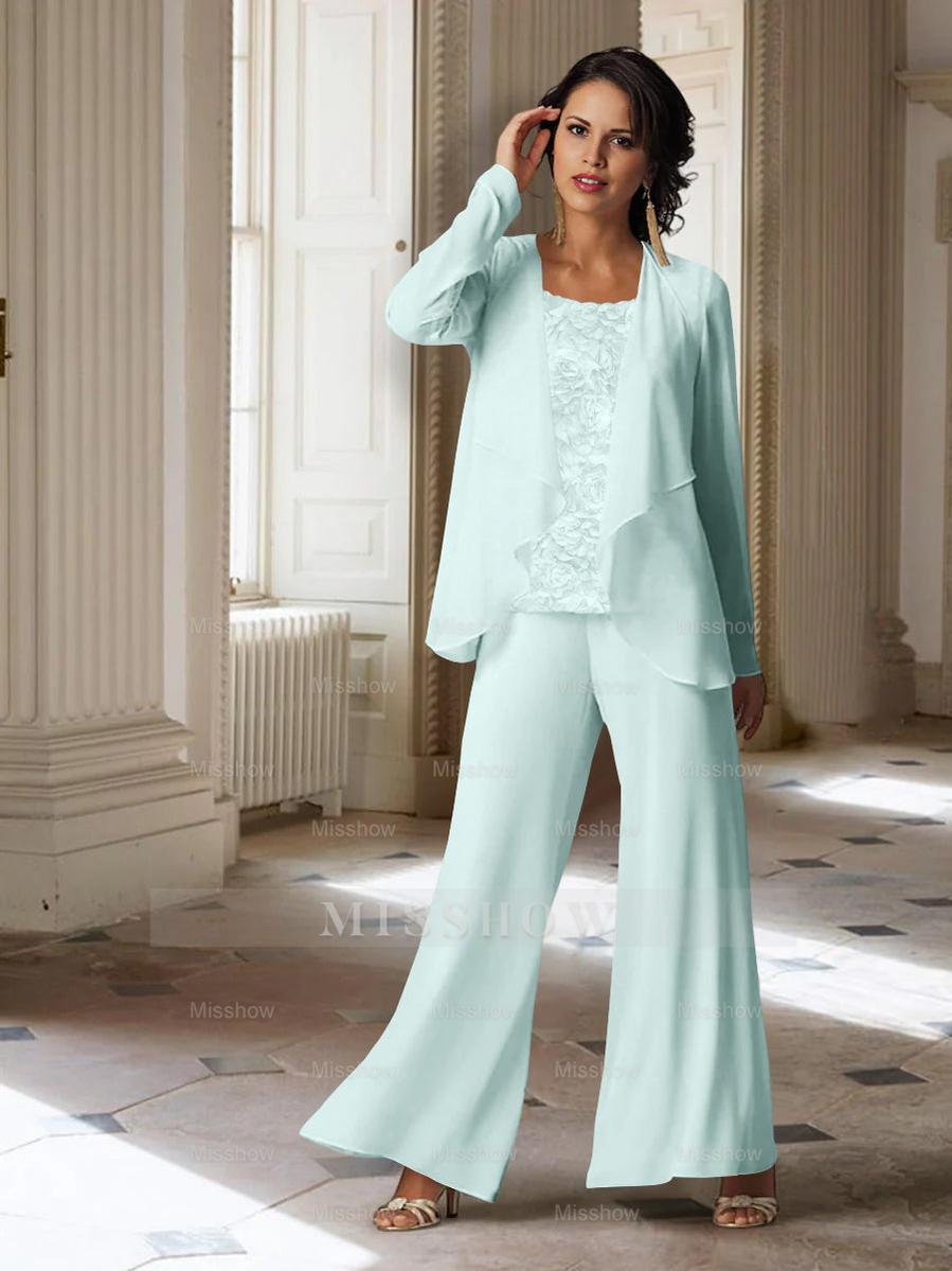 Long-Sleeve Chiffon Pantsuit with Jacket for the Mother of the Bride