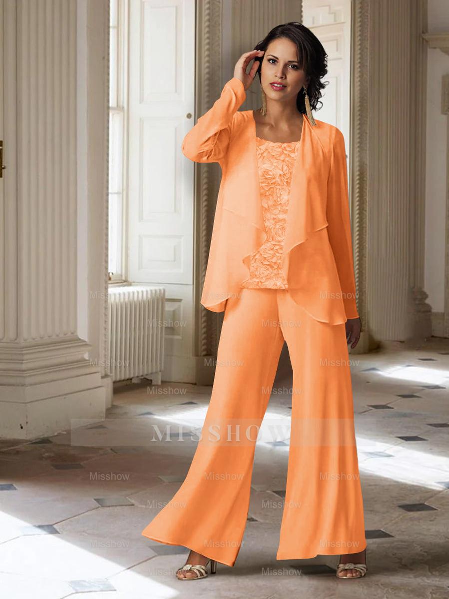Long-Sleeve Chiffon Pantsuit with Jacket for the Mother of the Bride