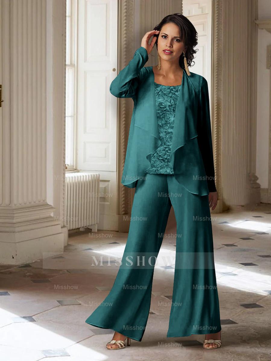 Long-Sleeve Chiffon Pantsuit with Jacket for the Mother of the Bride