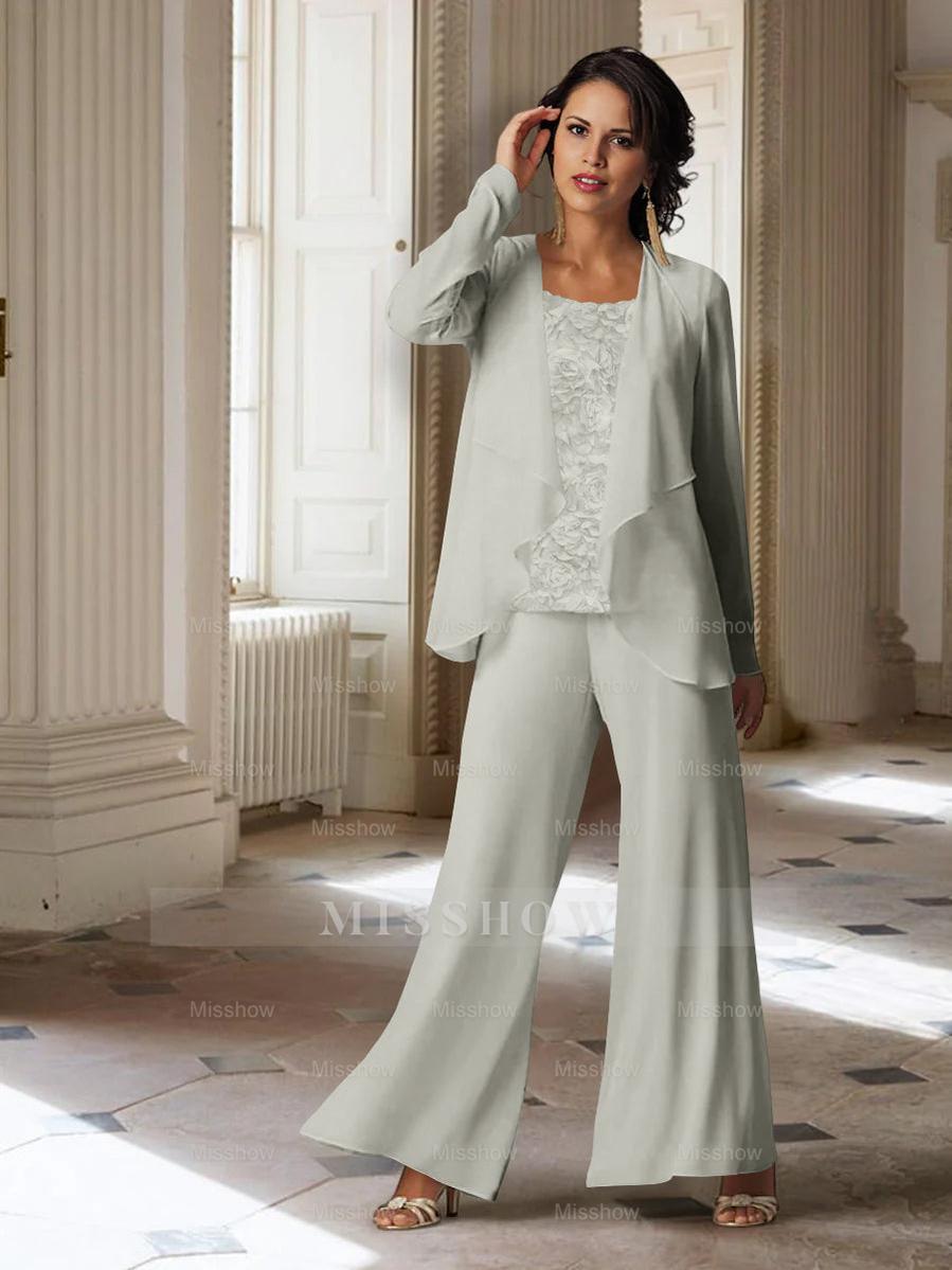 Long-Sleeve Chiffon Pantsuit with Jacket for the Mother of the Bride