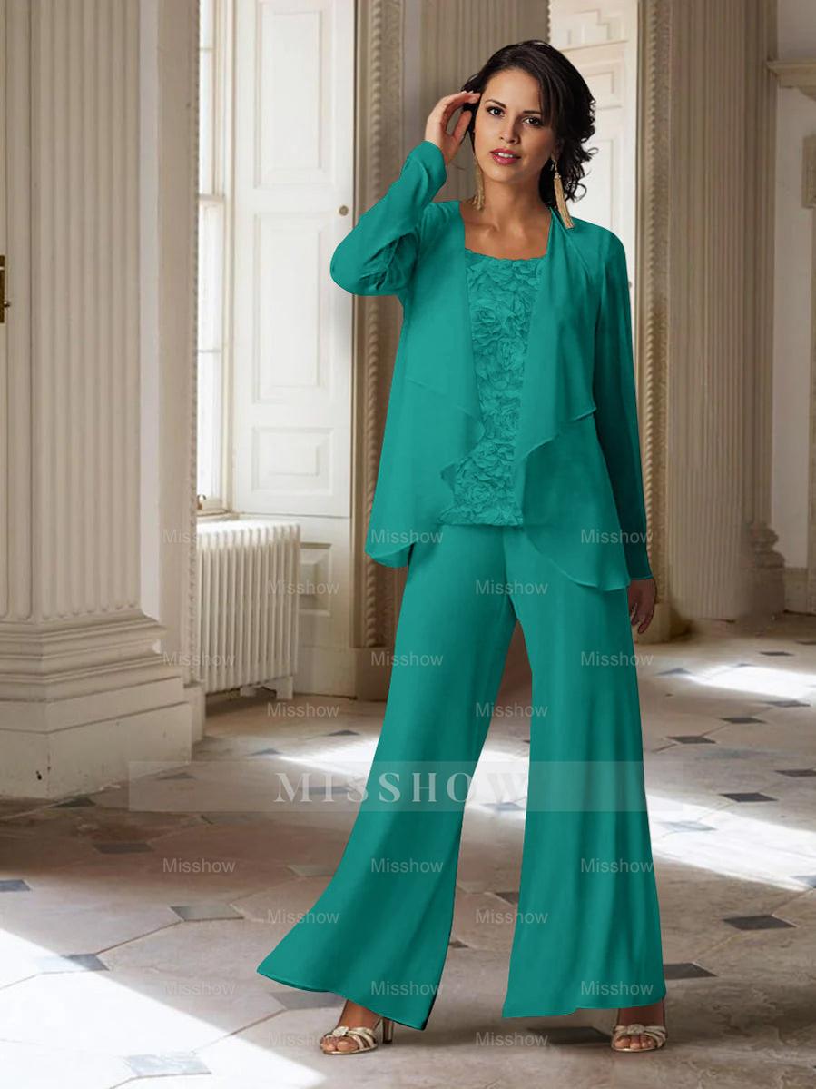 Long-Sleeve Chiffon Pantsuit with Jacket for the Mother of the Bride