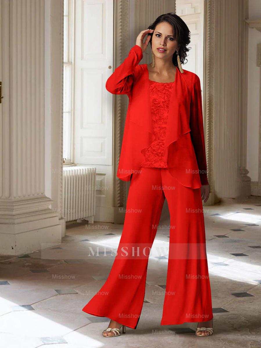 Long-Sleeve Chiffon Pantsuit with Jacket for the Mother of the Bride