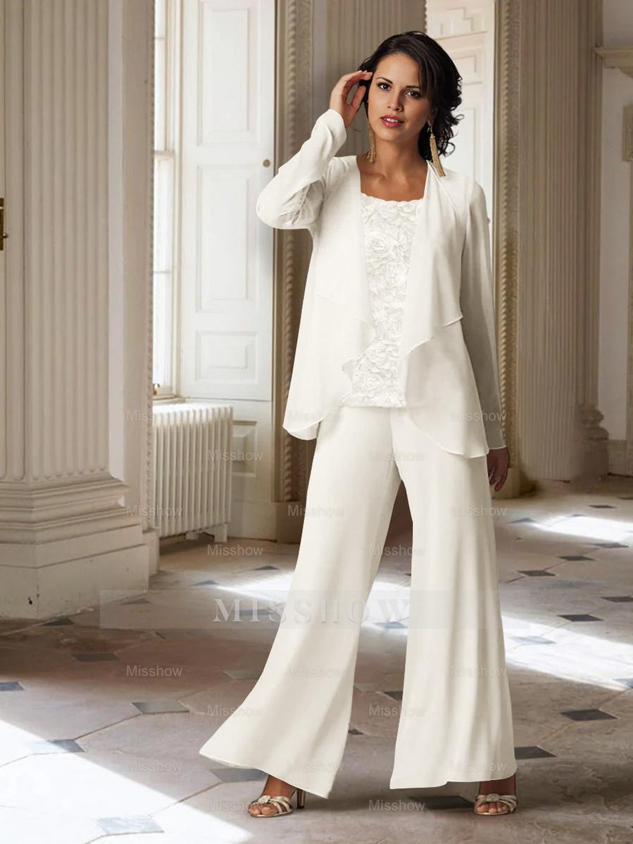 Long-Sleeve Chiffon Pantsuit with Jacket for the Mother of the Bride
