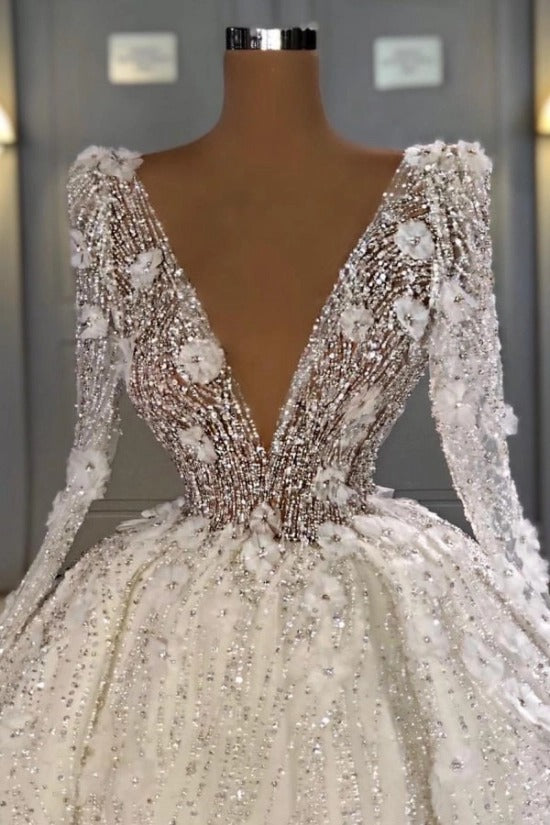 Long Sleeve Deep V Crystal Sequin Vertical Fringe Embroidery 3D Floral Ball Gown Wedding Dress Cathedral Train