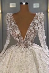 Long Sleeve Deep V Crystal Sequin Vertical Fringe Embroidery 3D Floral Ball Gown Wedding Dress Cathedral Train
