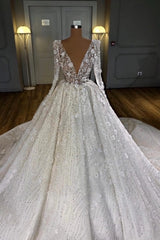 Long Sleeve Deep V Crystal Sequin Vertical Fringe Embroidery 3D Floral Ball Gown Wedding Dress Cathedral Train