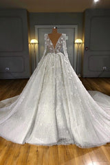 Long Sleeve Deep V Crystal Sequin Vertical Fringe Embroidery 3D Floral Ball Gown Wedding Dress Cathedral Train