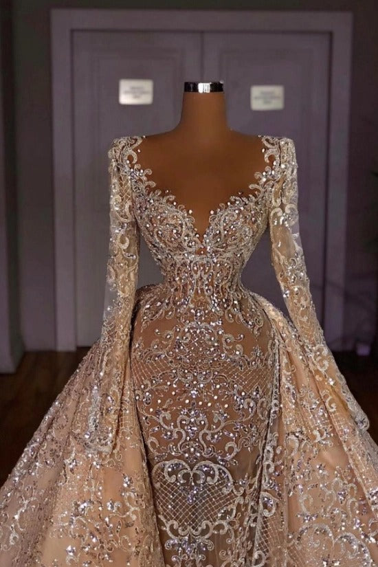 Long Sleeve Deep V Illusion Baroque Crystal Rhinestone Mermaid Wedding Dress Detachable Overskirt Champagne