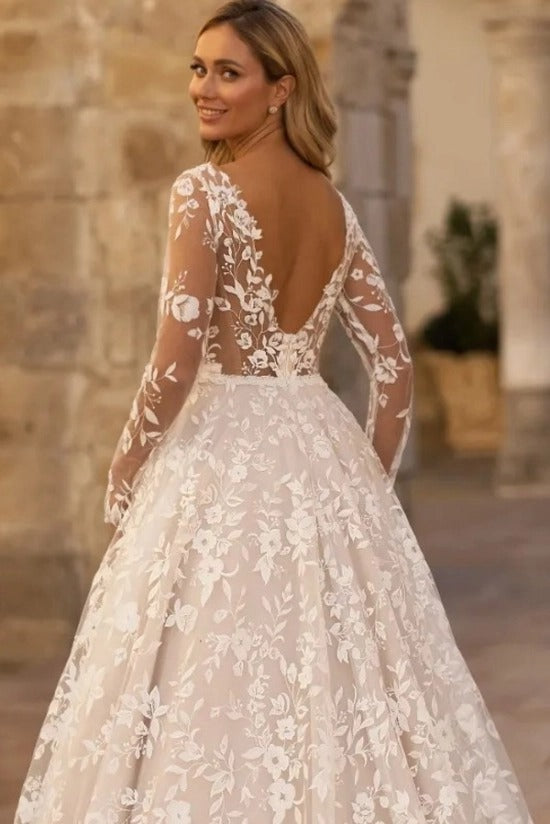 Long Sleeve Illusion Deep V-Neck 3D Floral Leaf Lace A-Line Wedding Dress Deep V-Back Cathedral Train